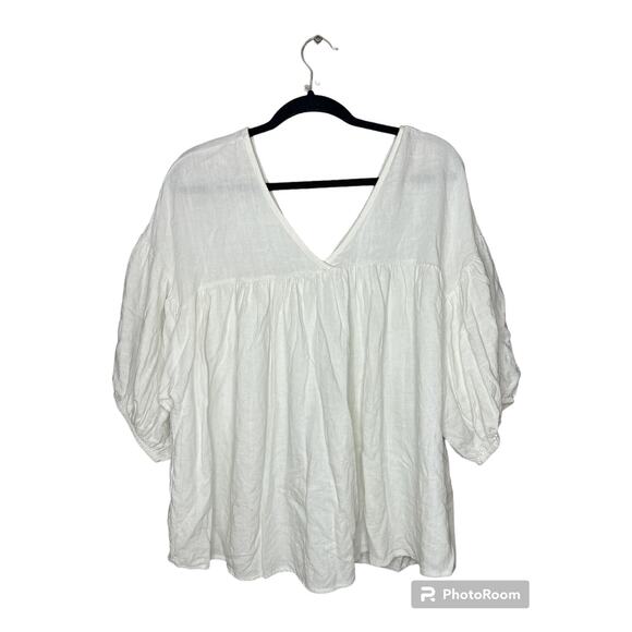 Ces Femme Boho Chic Oversized White V Neck Flowy Tunic Linen Blend Size Small - Picture 1 of 6